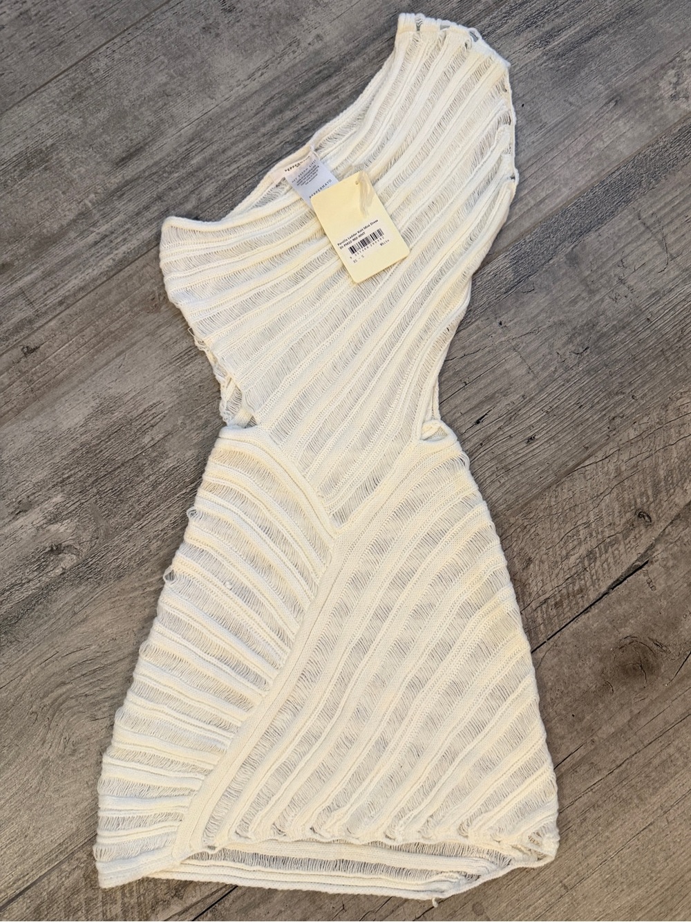 Peppermayo Percilla Boho Sheer Ladder Knit White One-Shoulder Mini Dress NWT